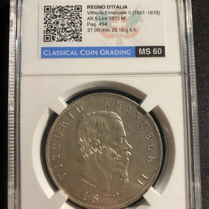 5 Lire 1872 Milano in Slab MS 60 - immagine 3