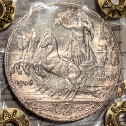 2 Lire Quadriga Veloce 1908 qFDC *Periziata*