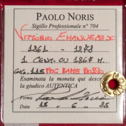 1 Centesimo 1867 m FDC Rame Rosso *Periziato* - immagine 3