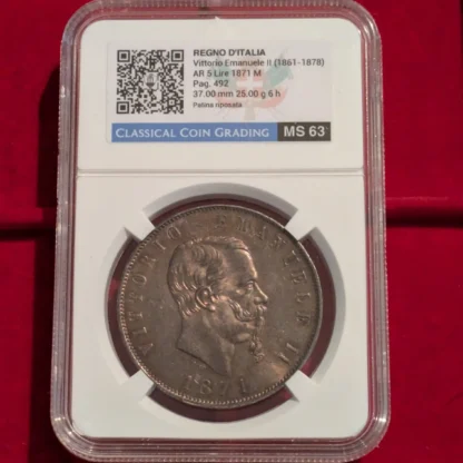 5 Lire 1871 m MS 63 -Patina Eccezionale- *Certificata in Slab* - immagine 3