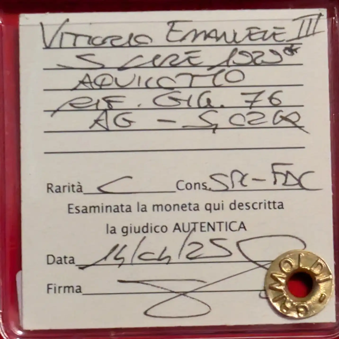 5 Lire Aquilotto 1929 SPL/FDC *Periziato* - immagine 3