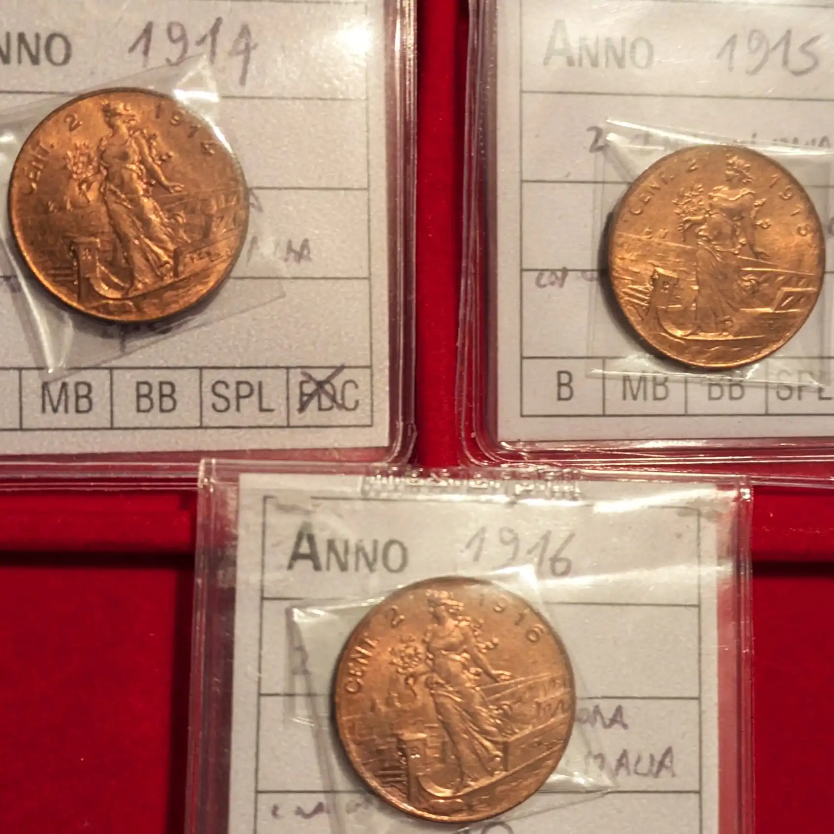 Serie 2 Centesimi Italia su Prora 1914-1915-1916 *FDC Rame Rosso Fuoco*