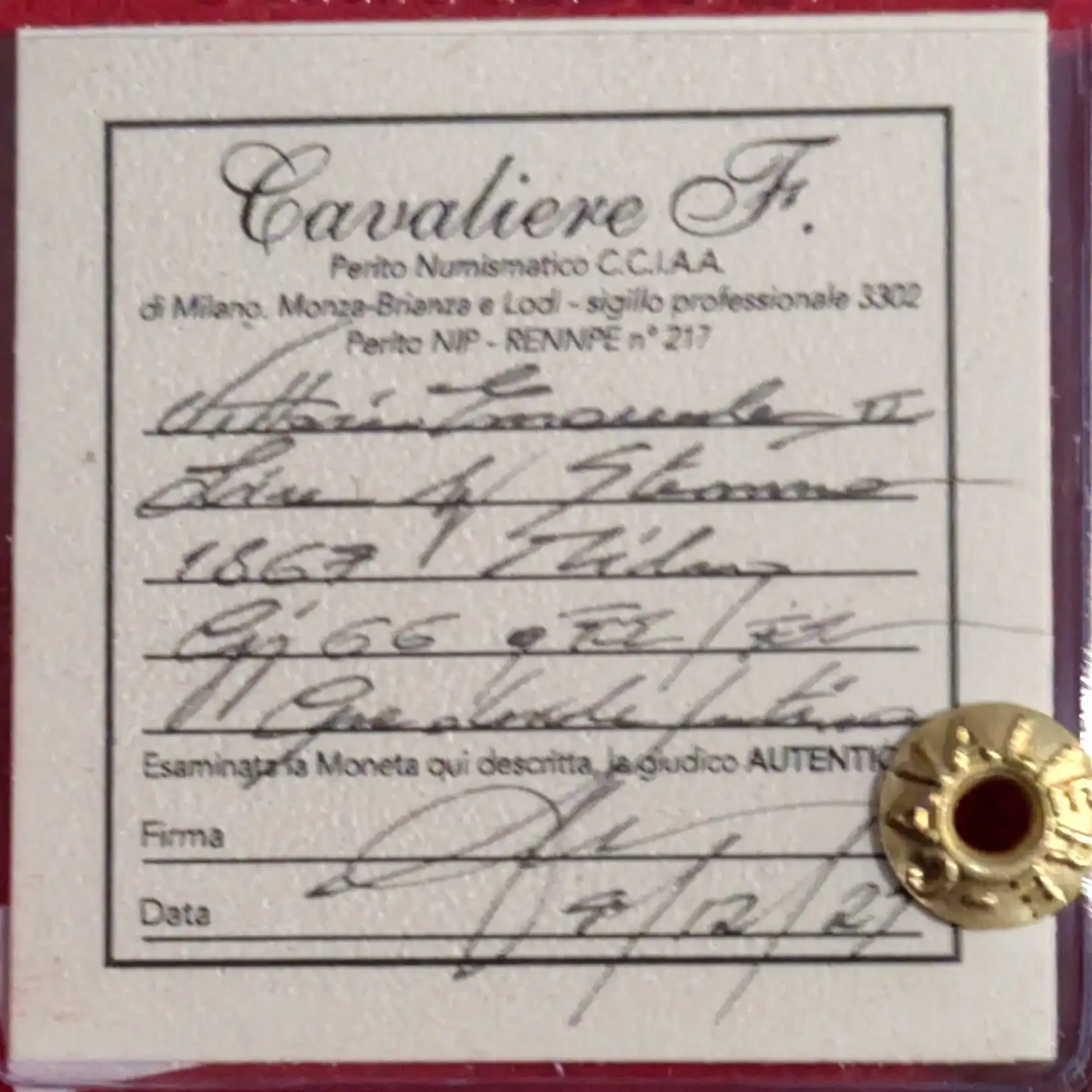 1 Lira 1867 Stemma qFDC/ FDC *Periziata* - immagine 3