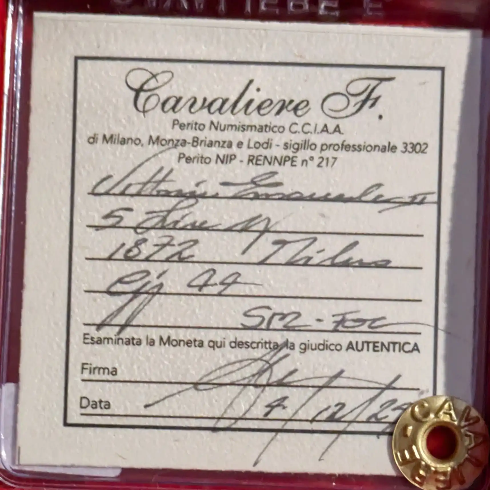 5 Lire 1872 Milano SPL / FDC *Periziata* - immagine 3