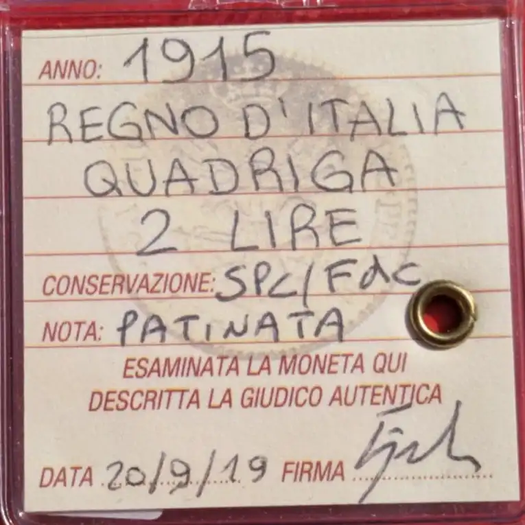 2 Lire 1915 Quadriga Briosa SPL-FDC Bella Patina *Periziata* - immagine 3
