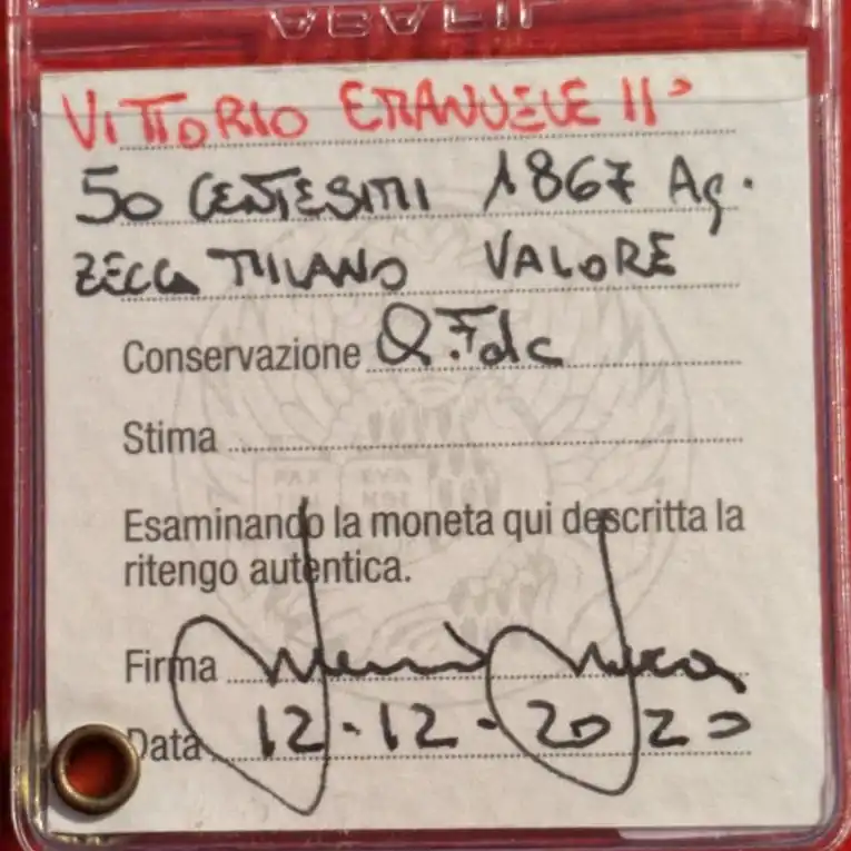50 Centesimi Valore 1867 m qFDC *Periziato* - immagine 3
